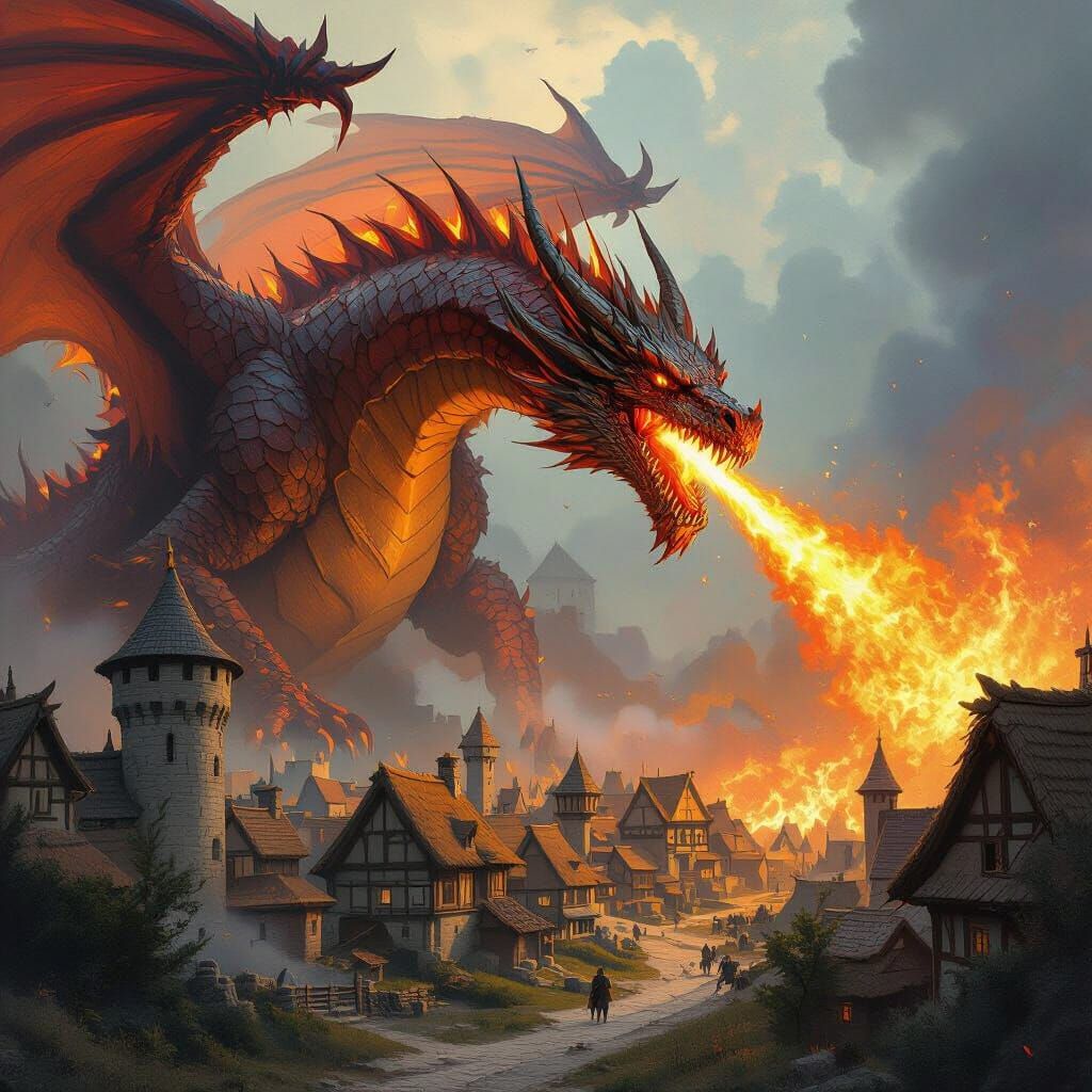 Fiery Dragon Attacks Medieval Village: Fantasy Art