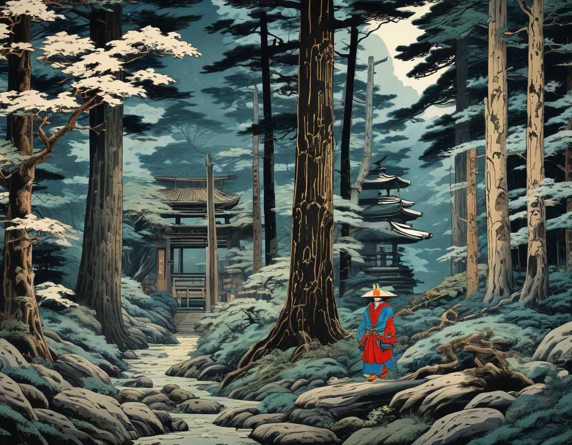 Samurai Masters Training at Forest Shrine in Ukiyo-e Style