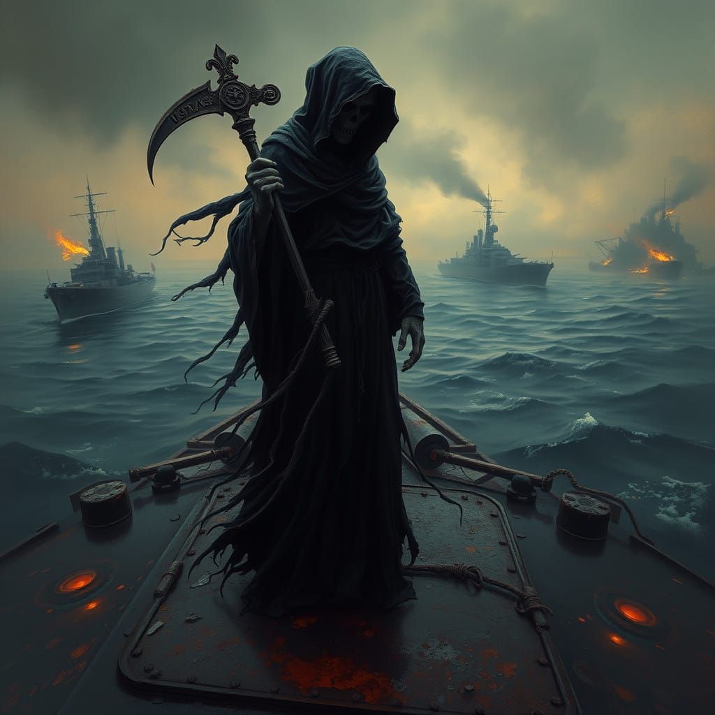 Spectral Grim Reaper on USS Arizona in Haunting, Surrealist...