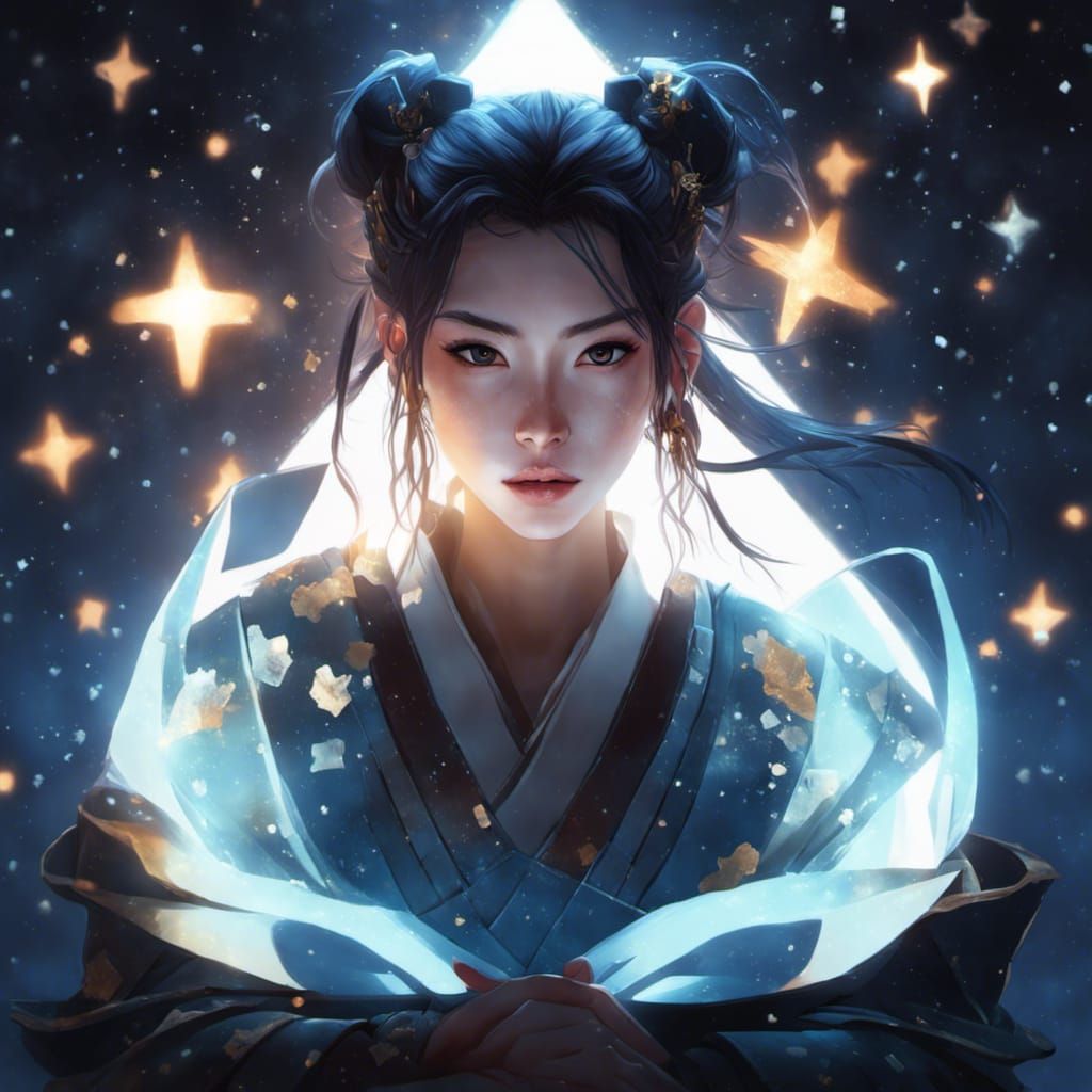 Anime Cyborg Samurai in Starry Lunar Landscape