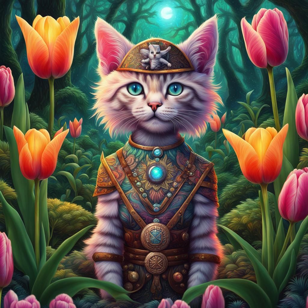 Aztec Kitten Pirate in Forest, Holographic Illustration