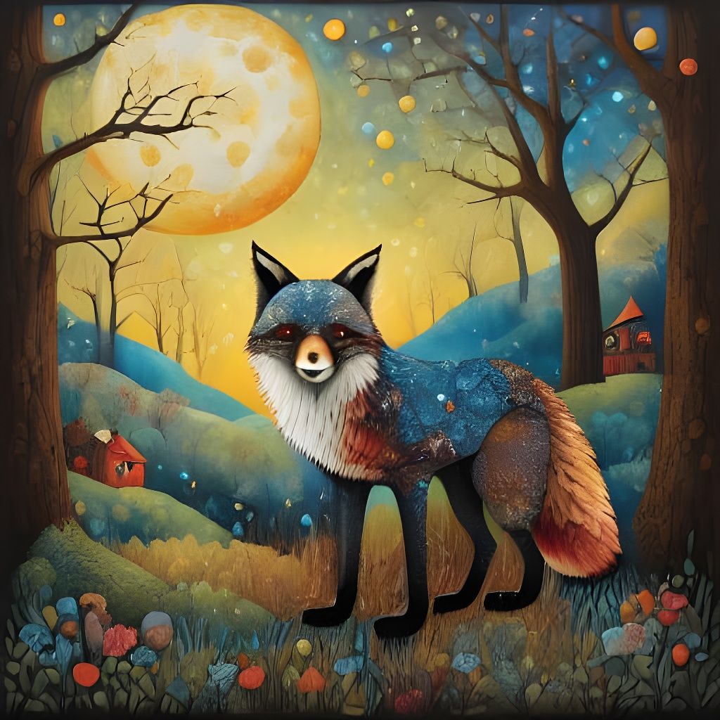 Patchwork Fox and Bunny Under Quilt Tree Moonlight