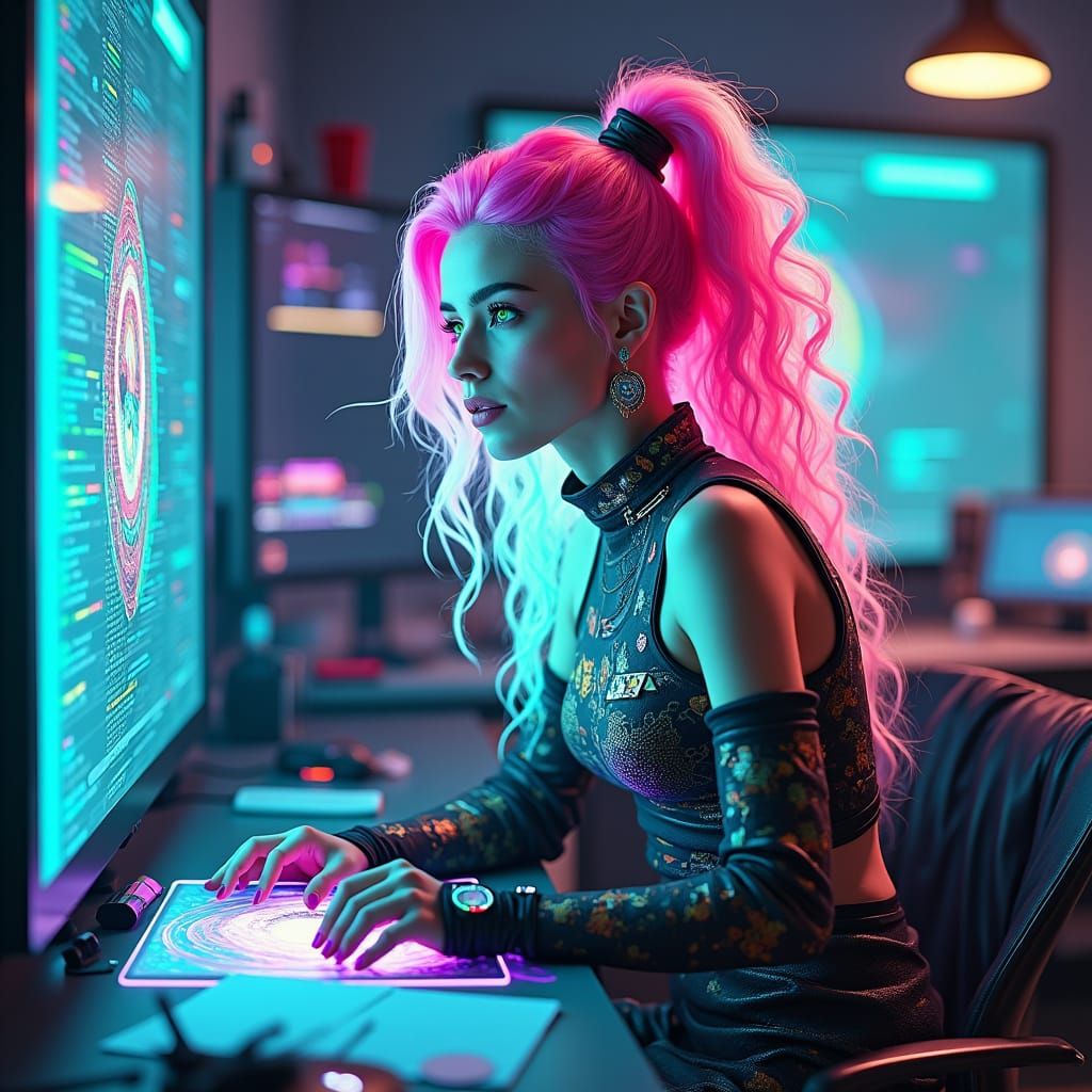 Futuristic Artist in Neon-Noir Cyberpunk Lab