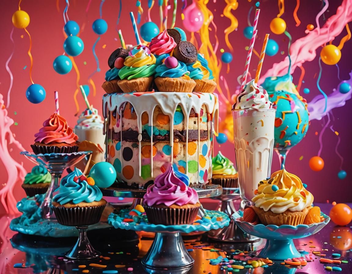 Surreal Cookie Cakes and Milkshakes in Digital Art Style