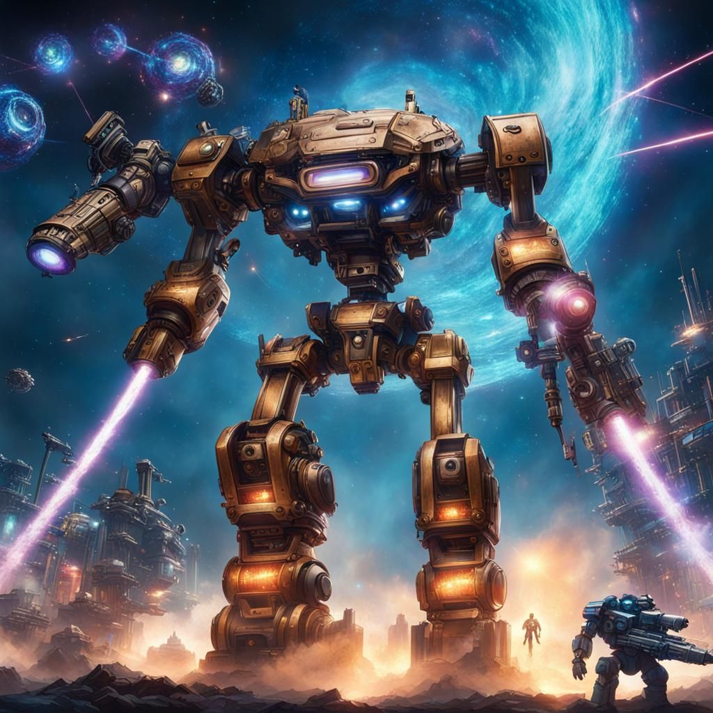 Steampunk Mech Battle in Bioluminescent Starry Sky