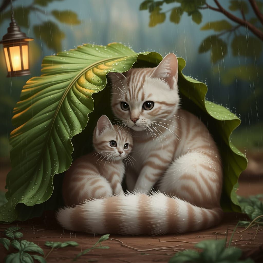 In a gentle yet mesmerizing illustration, a solid light beige mother cat with dark brown eyes and her slightly smaller s...