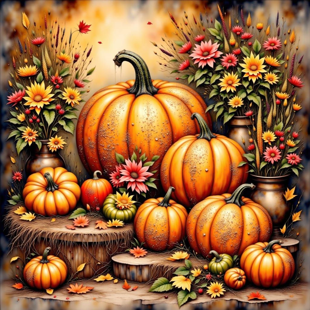 Alcohol Ink Fall Harvest with Gold Filigree Pumpkins