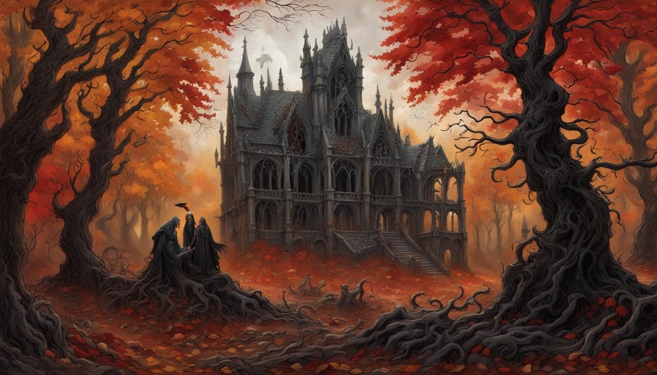 Vampire Ruins in Autumn Forest, Gothic Art