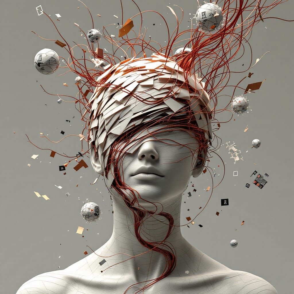 Humanoid Figure in Surrealistic Tech-Art Style with Folded W...