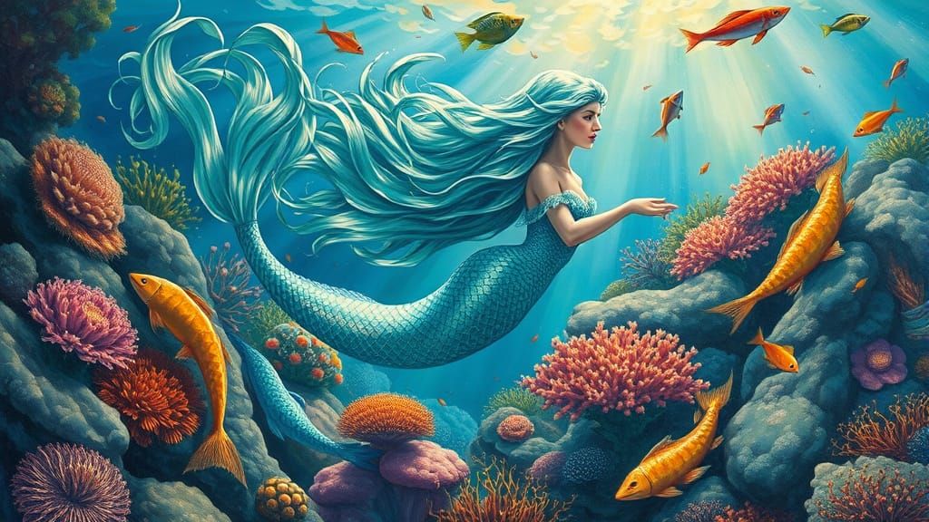 envision a breathtaking underwater scene, with a mermaid wit...
