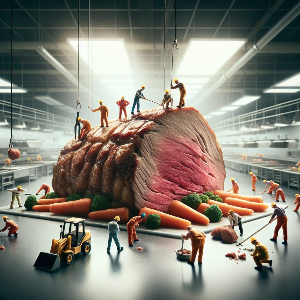 Miniature Workers Prepare a Gigantic Roast in a Whimsical Ki...