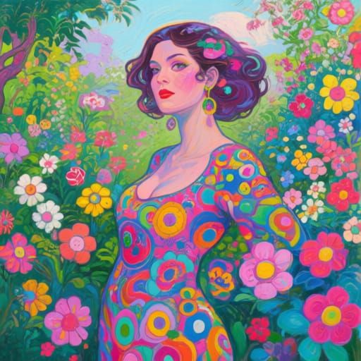 Vibrant Woman in Lush Garden, Pop Surrealism Style