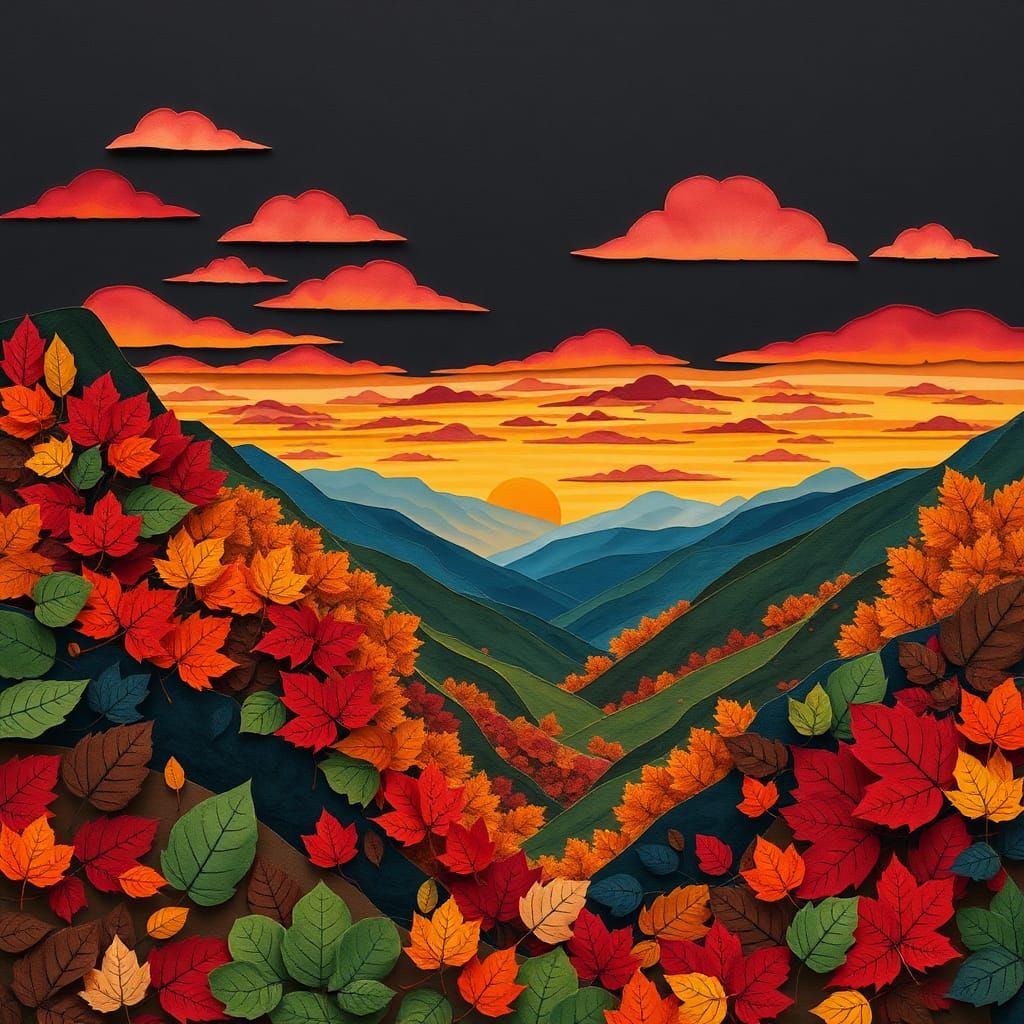 Vibrant Paper Collage of Autumn Valley at Sunset