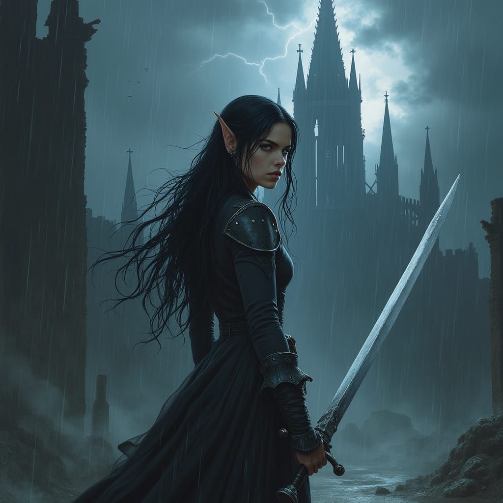 Elven Huntress in Gothic Ruins: Dark Fantasy Art
