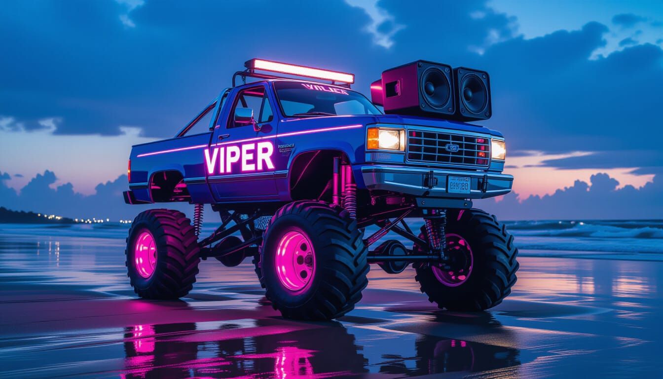 VIOLET VIPER 80s Neon Monster Truck on Wet Beach