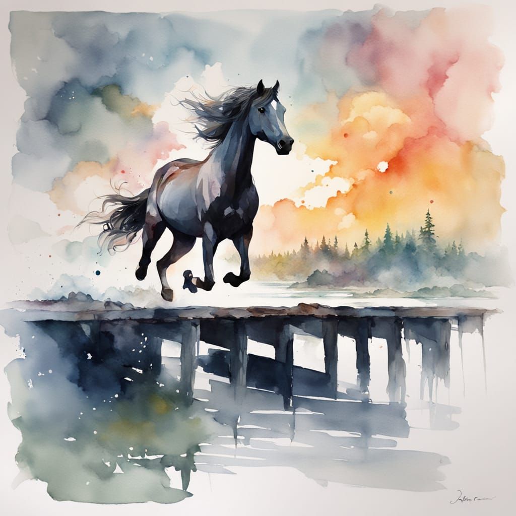 Horse Galloping Over Dream Bridge in Sunrise Fog