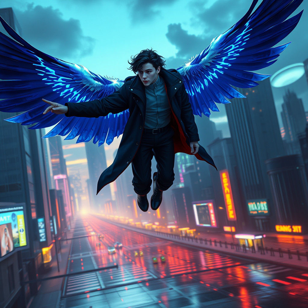 Angel Soaring Over a Futuristic Metropolis