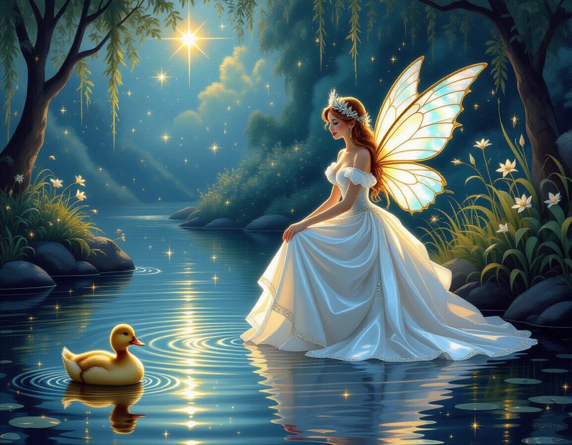 Gothic Fairy with Golden Reflections and Fountains