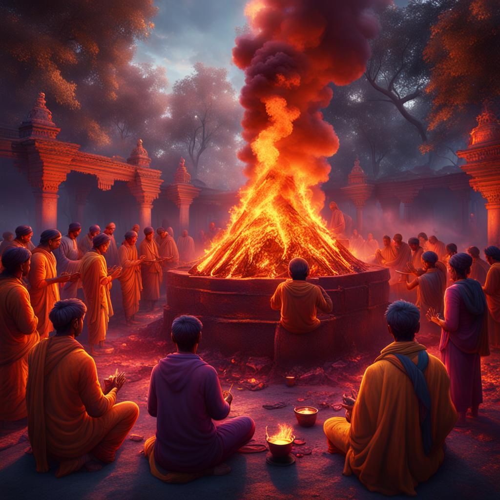 People doing prayer around holika fire in holi