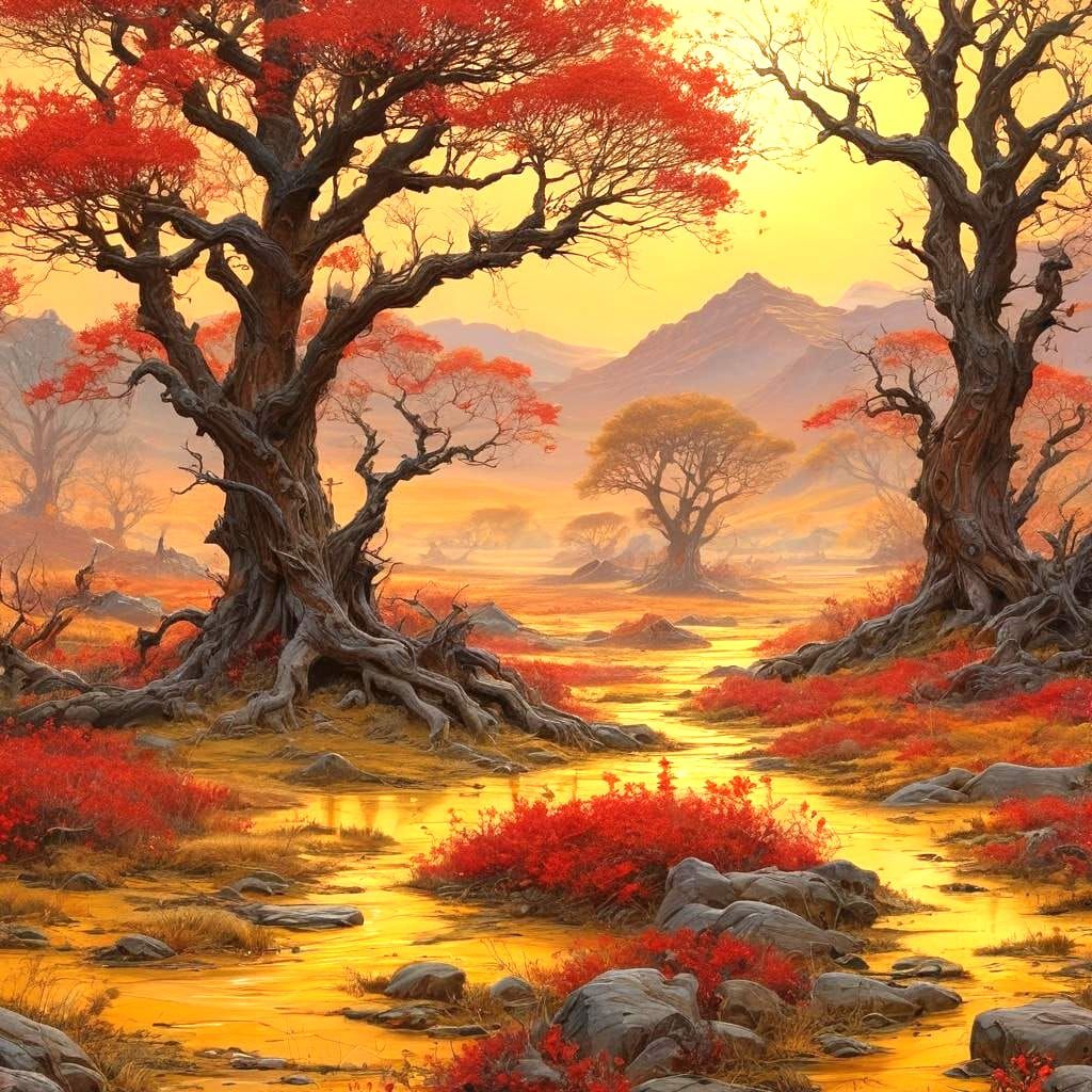 Creepy Barren Landscape in Yellow-Red Light