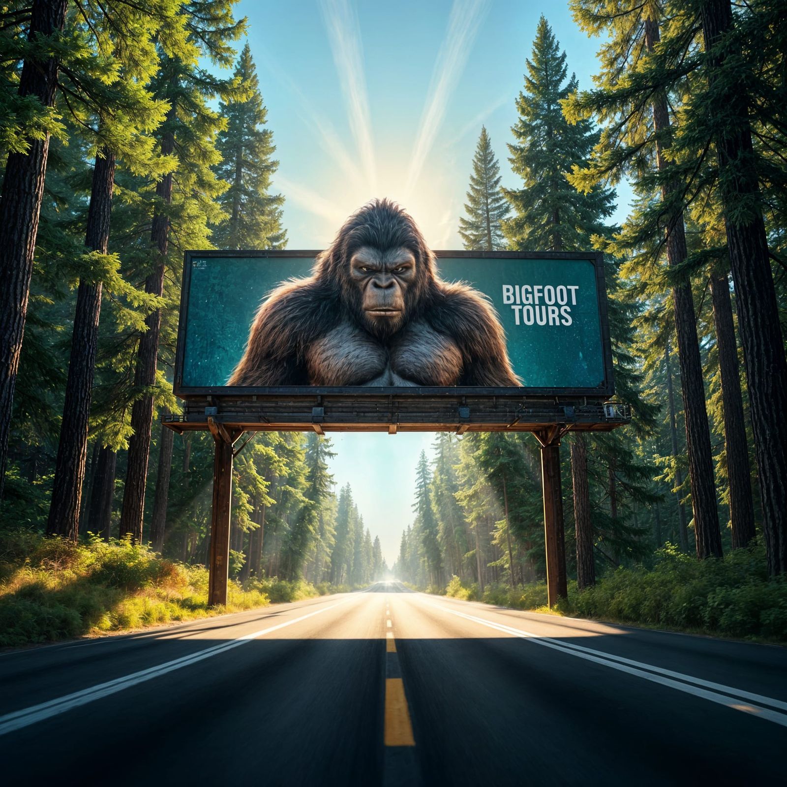 Hyperrealistic Bigfoot Billboard in a Vibrant Forest Setting