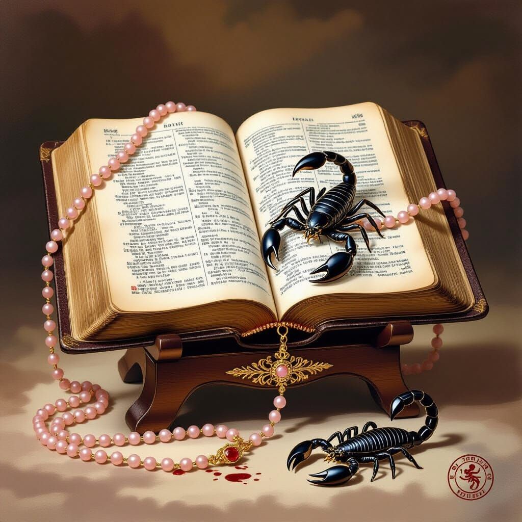 Ornate Bible with Rosary and Scorpion Pendant