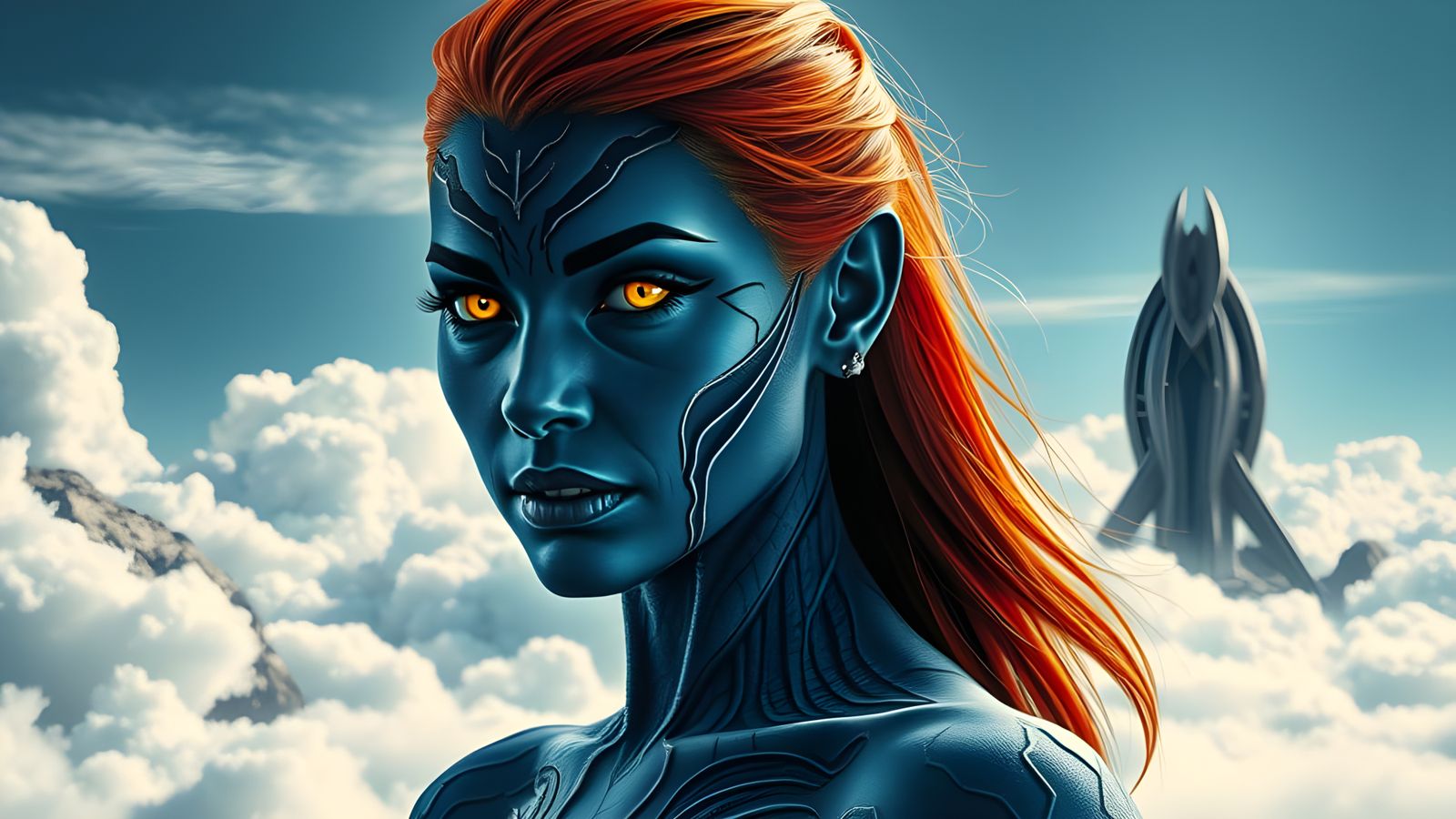 Hyper-Realistic Female Figure in Deep Blue, Scaled Skin, wit...