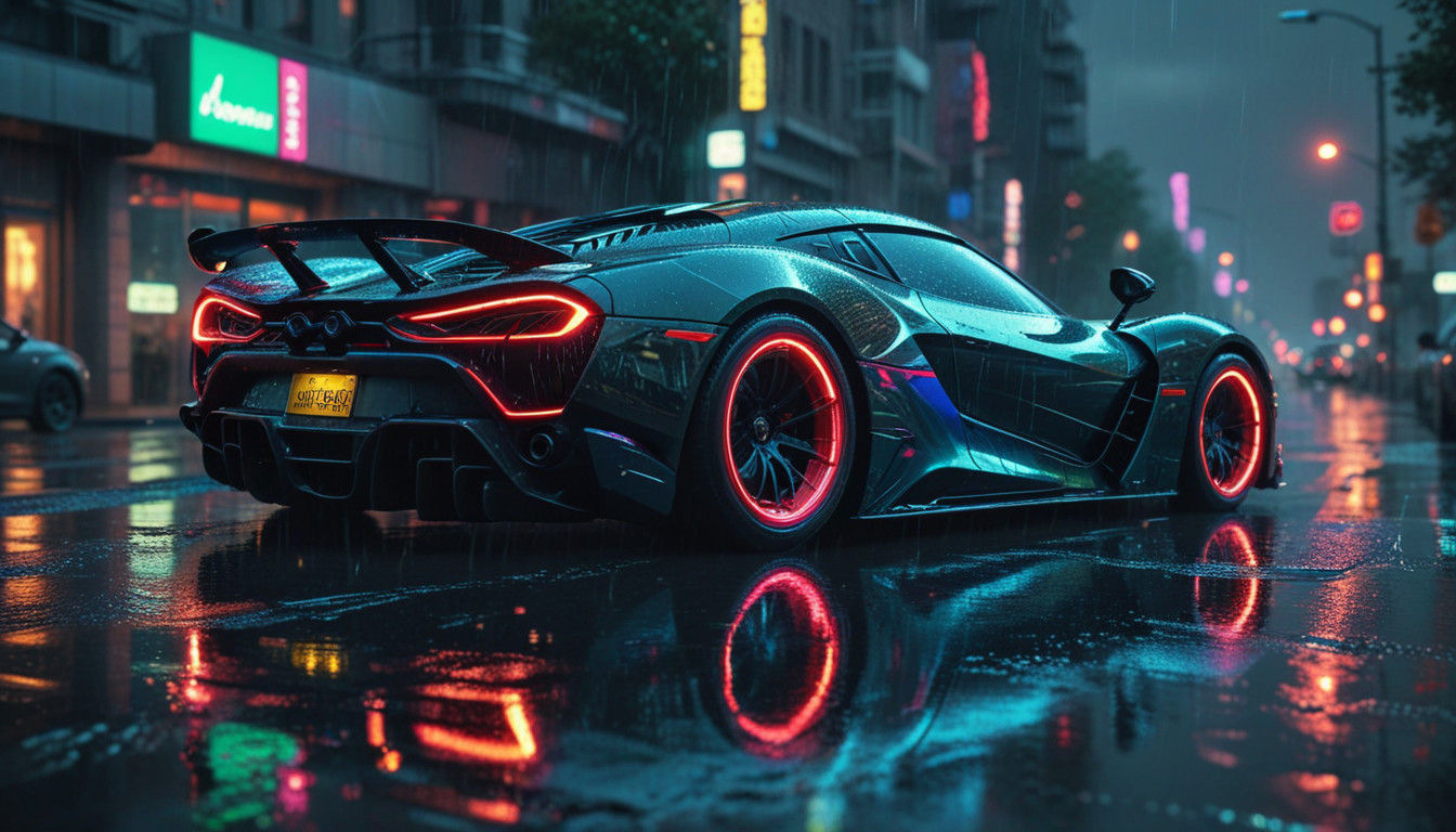 Hyper-Carbon Fibre Hyper Car Speeds Down a Wet Road at Night