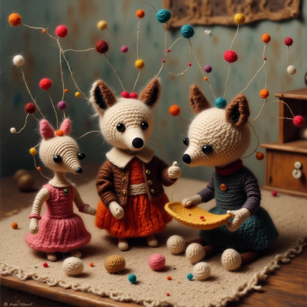 Whimsical Vintage Toys Play Together in a Cozy Bedroom Scene