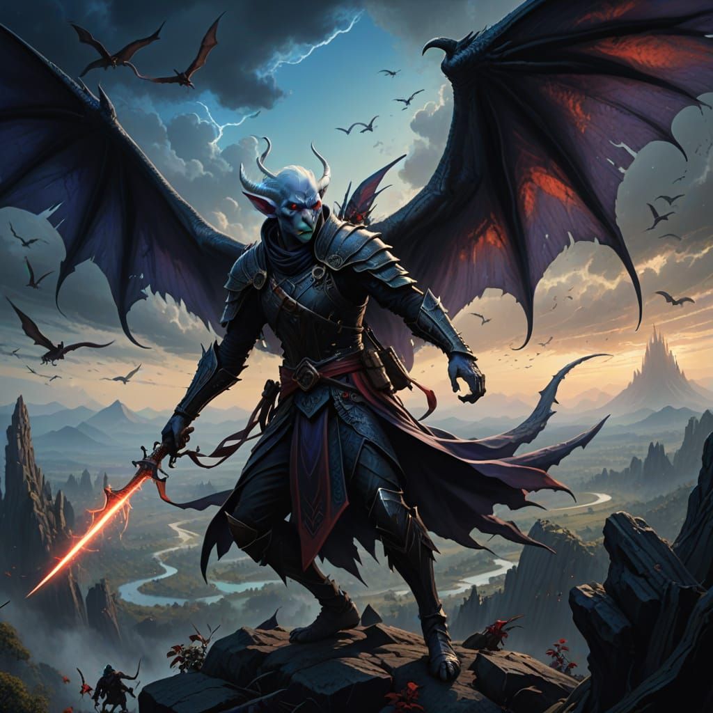 Dark Elf Aims Bow at Pterodactyl in Dramatic Fantasy Scene