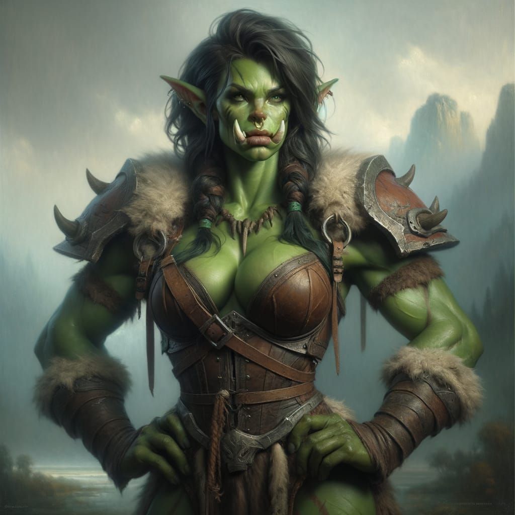 Strong Female Orc Warrior in Classical Fantasy Art Style