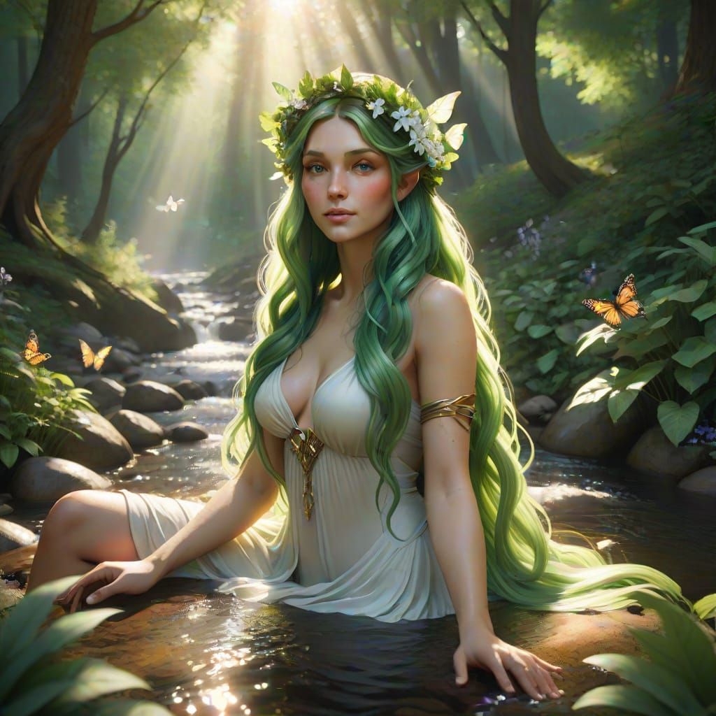Watercolor Forest Nymph in Sun-Dappled Woods