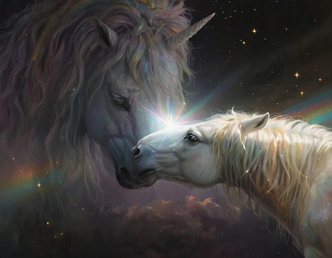 Jesus Praying With Unicorn in Dreamy Oil Painting