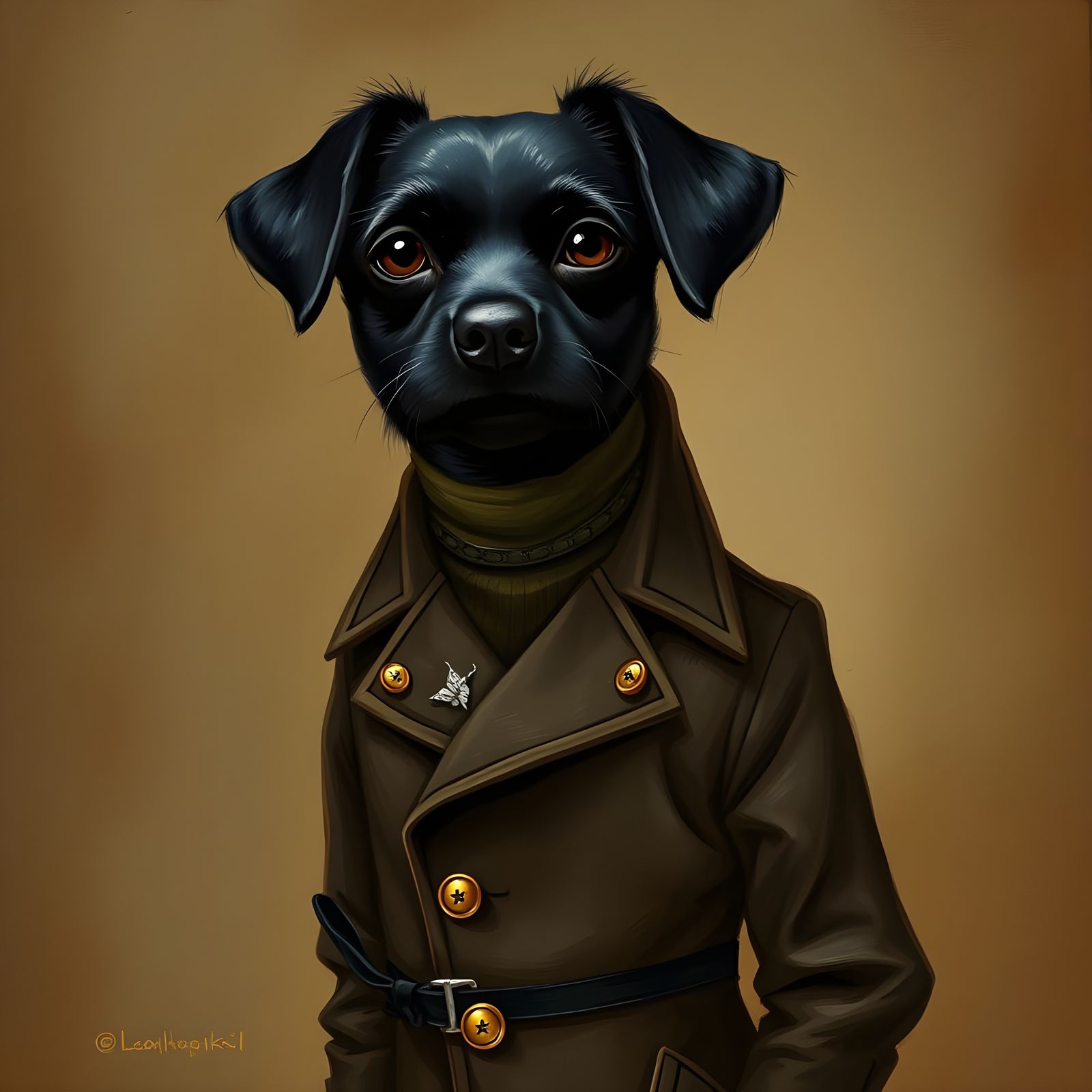 An image of a Anthropomorphic Dog in Sophisticated Attire. Anthropomorphic black dog in a stylish coat and turtleneck, s...