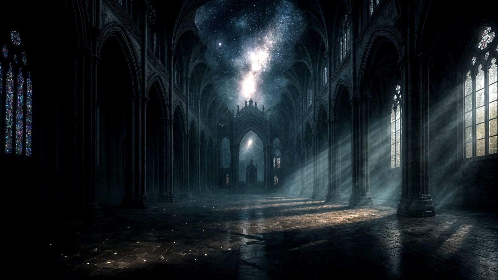 Ruined Gothic Cathedral Under Starry Skies