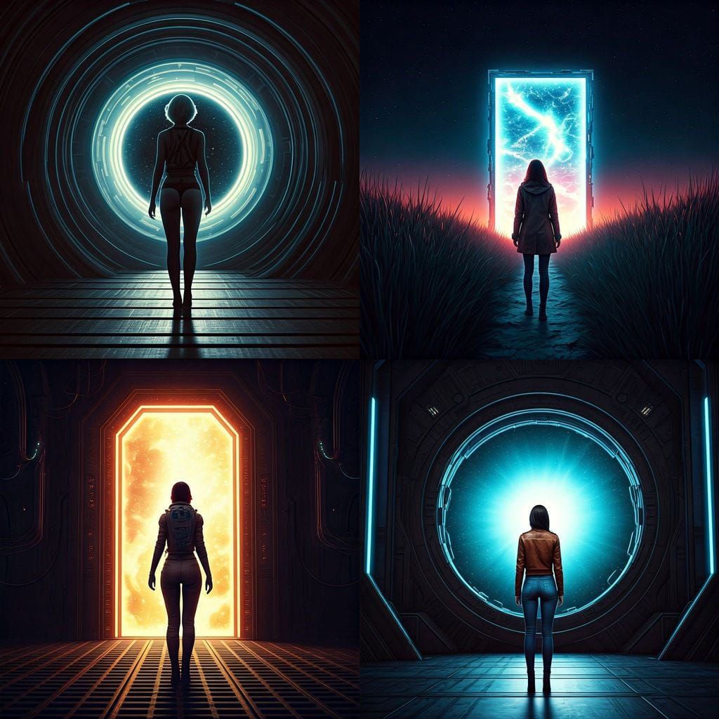 Woman Discovering a Portal to Outer Space