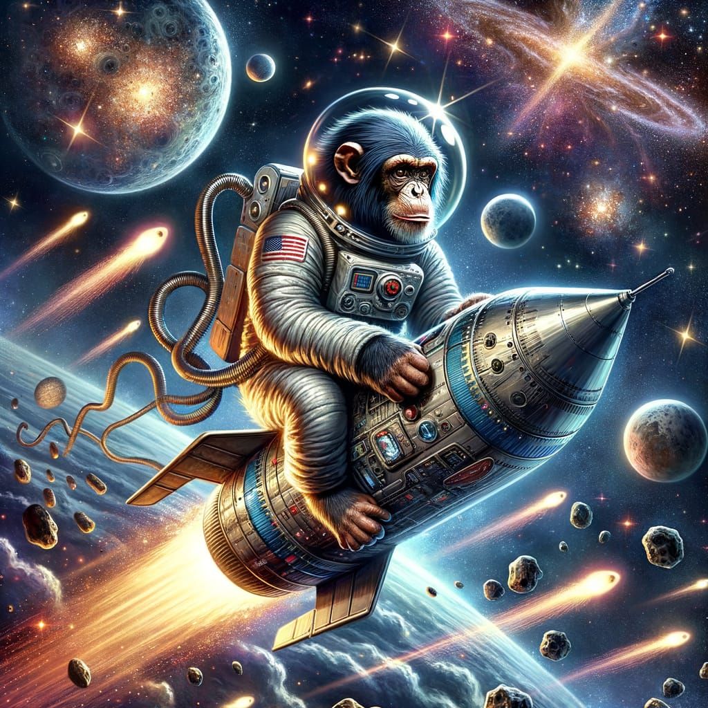 Monkey Astronaut Pilots Rocket Through Cosmic Expanse