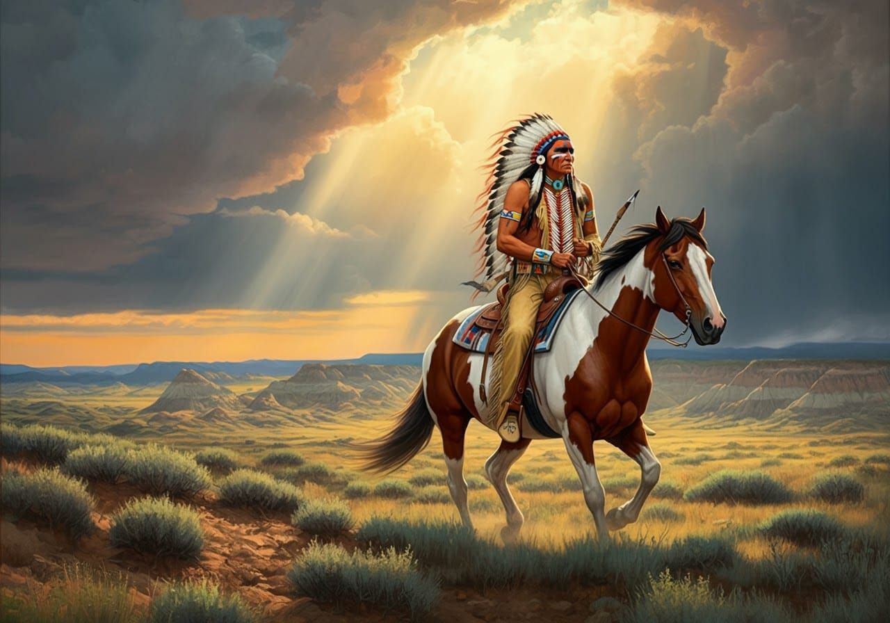 Native American warrior riding his pinto mustang horse