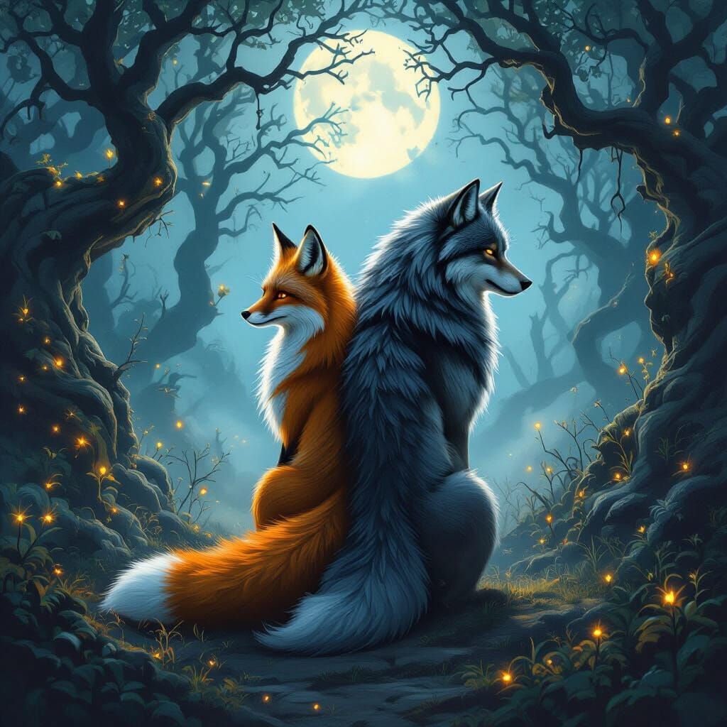 Fox and Wolf in Mystical Moonlit Forest