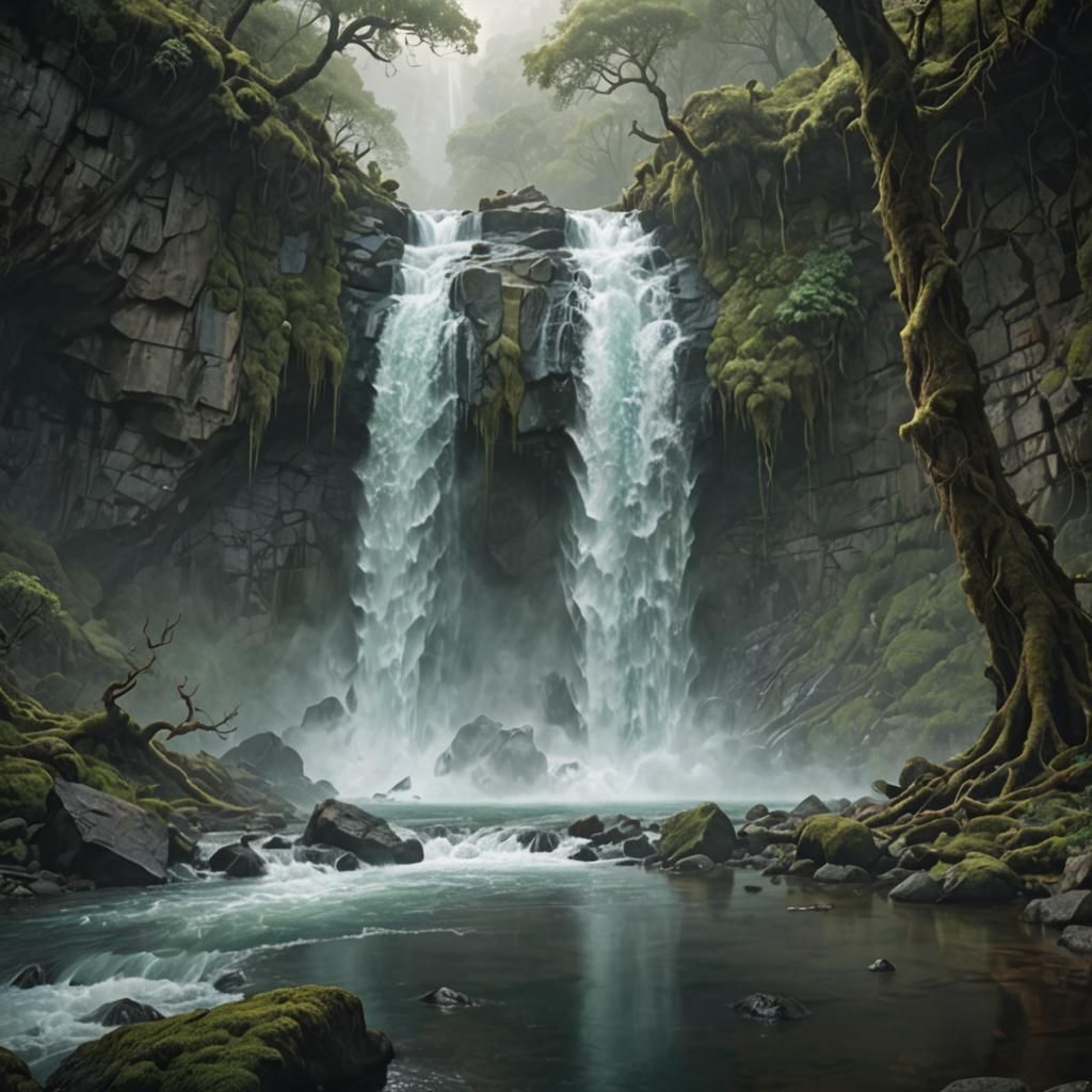 Roaring Waterfall Cascades in Moody Digital Art