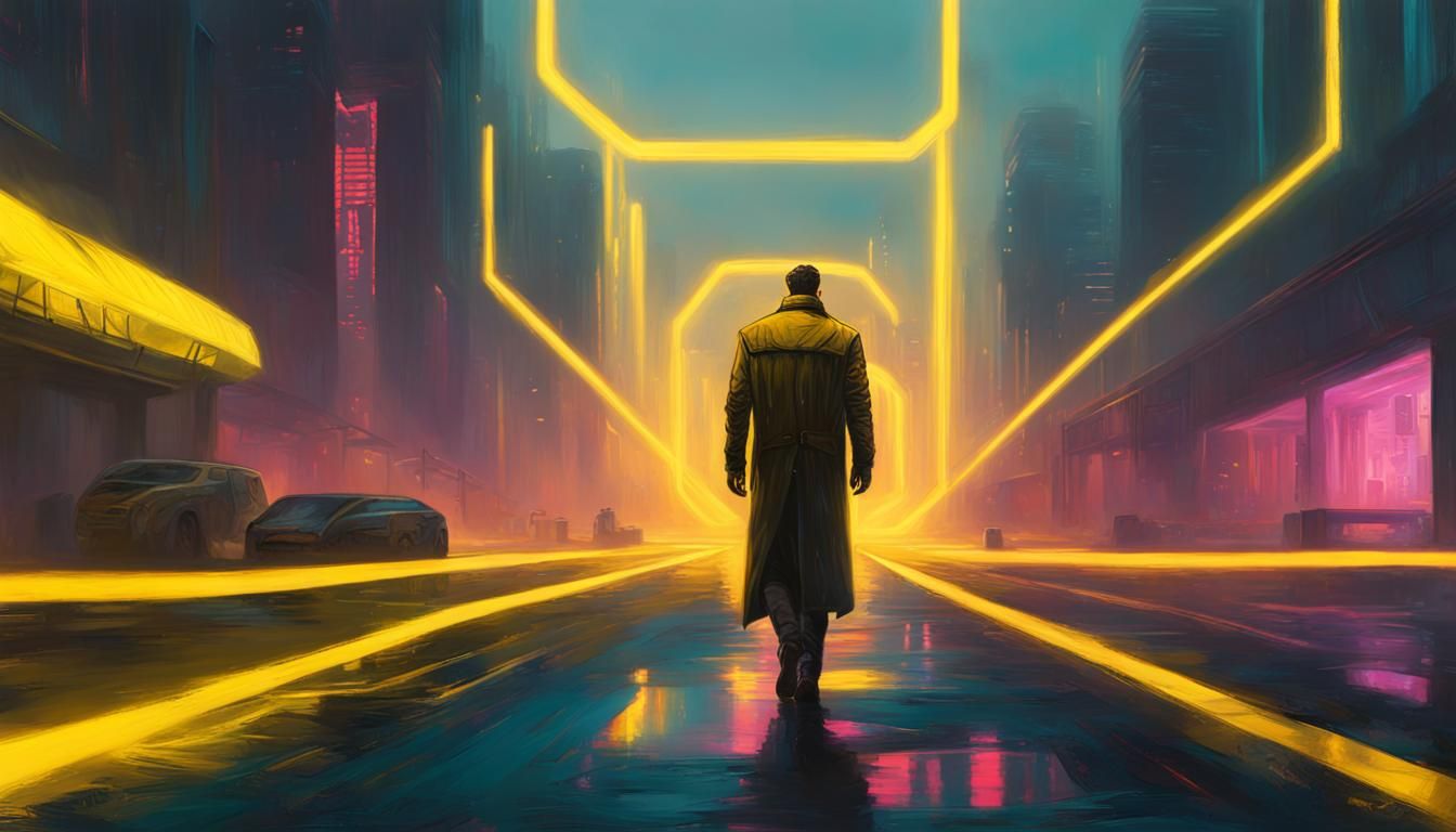 Surreal Man Steps onto Yellow Road in Cyberpunk Style