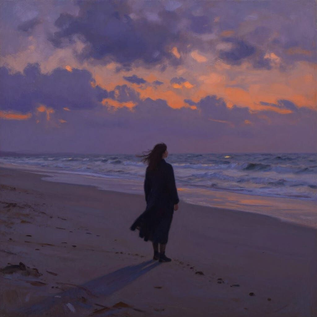 Woman Gazing at Turbulent Sea at Dusk in Impressionist Style