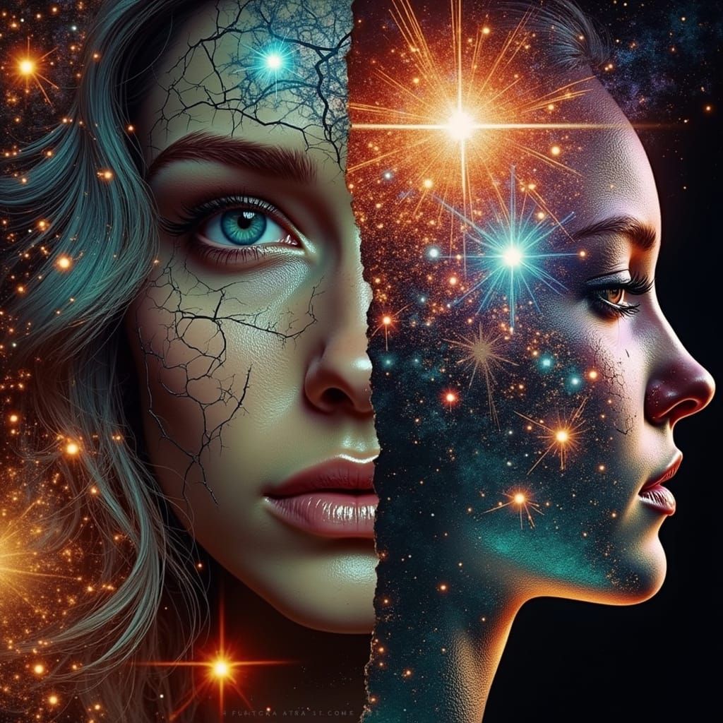 Shattered Woman Portrait in Double Exposure Digital Art