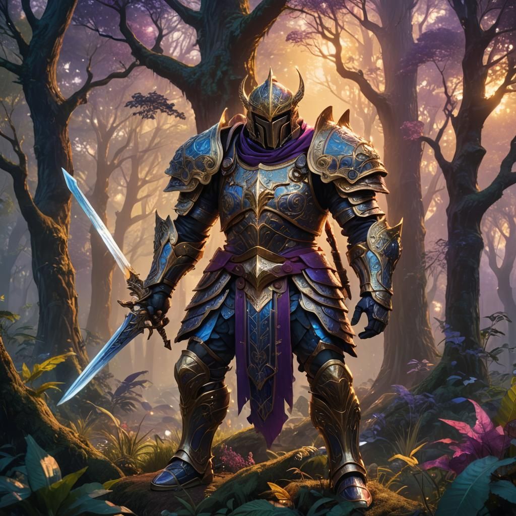 Mighty Armored Fighter in Mystical Forest Concept Art