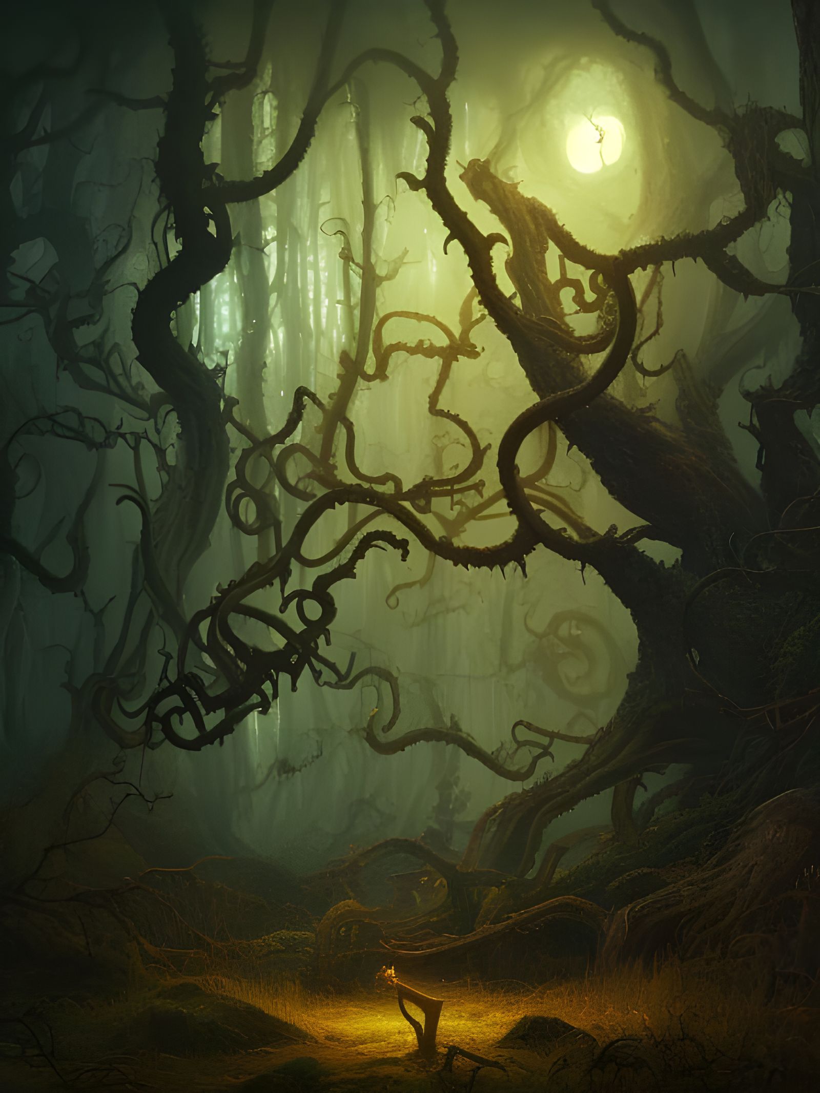 Detailed Lovecraftian Forest Landscape at Night