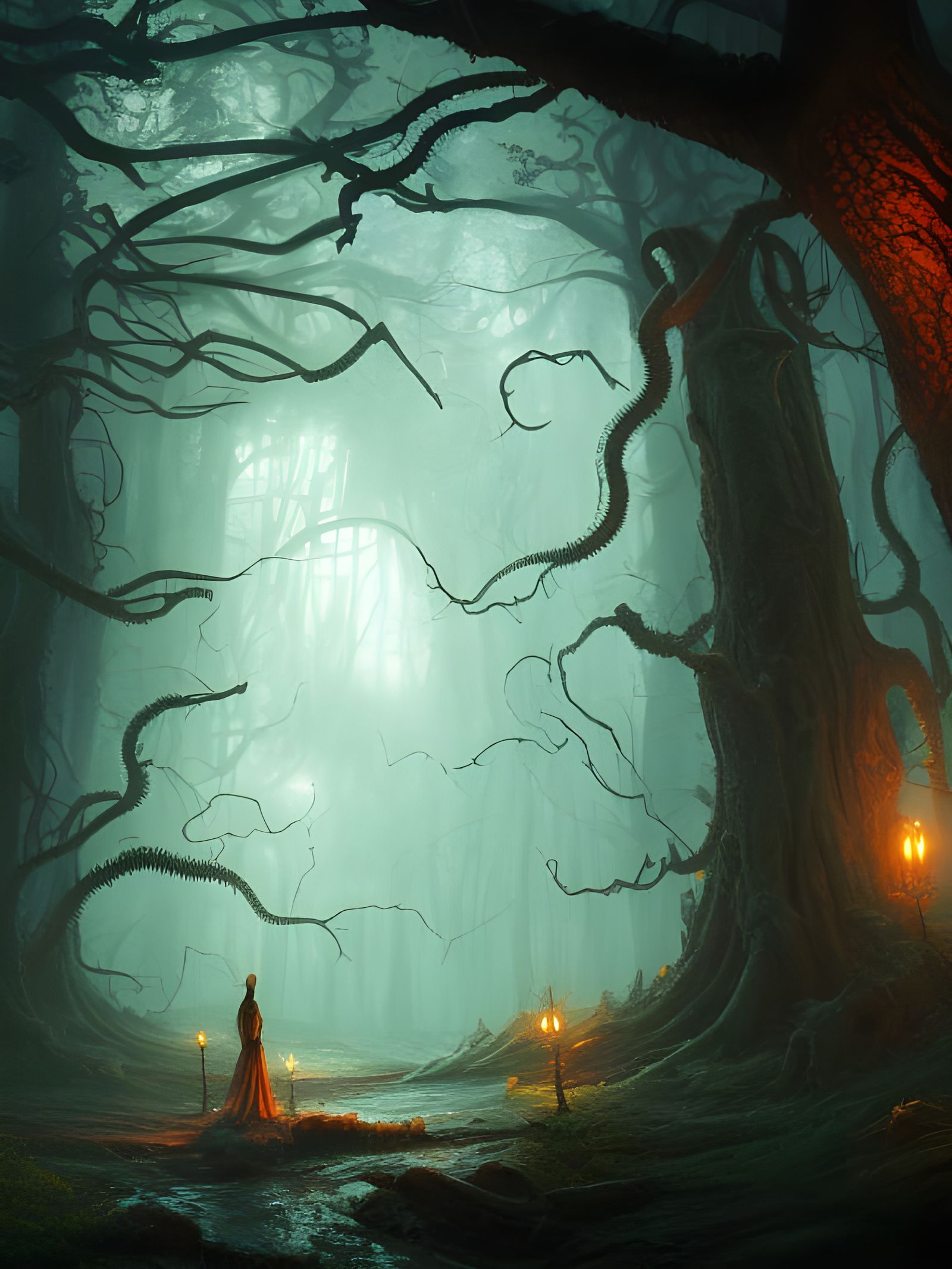 Detailed Lovecraftian Forest Landscape in Digital Art