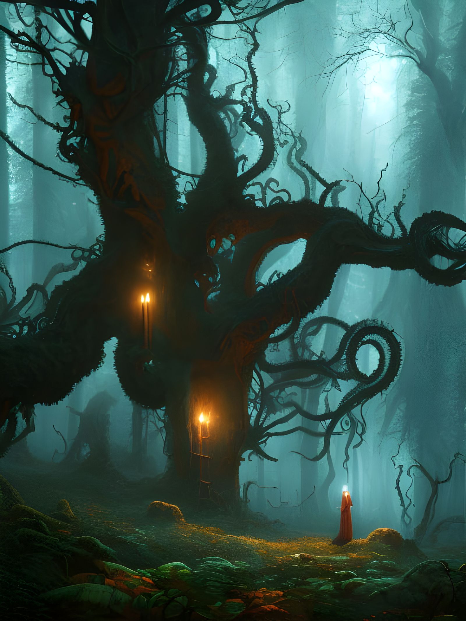 Sinister Lovecraftian Forest Landscape at Night
