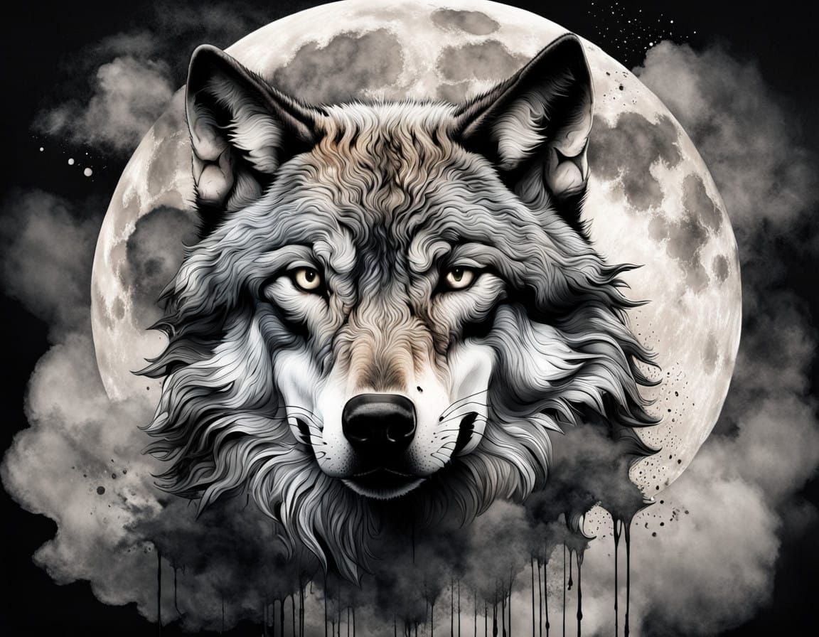 Wolf Silhouetted by a Full Moon in a Smoky Night Sky
