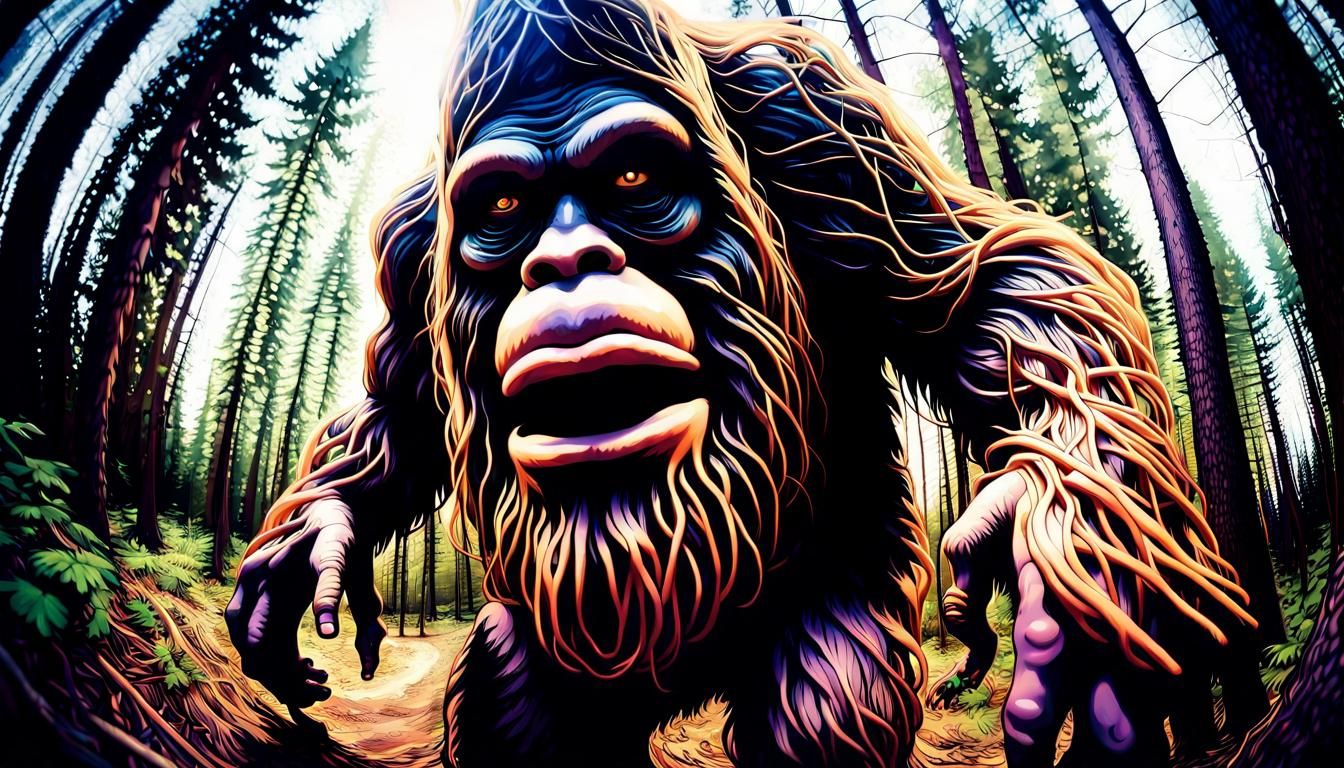 Sympathetic Sasquatch in Psychedelic Forest