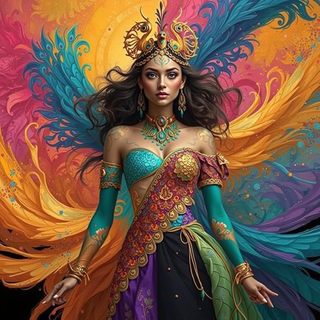 Dragon-Peacock Woman in Abstract Expressionist Style